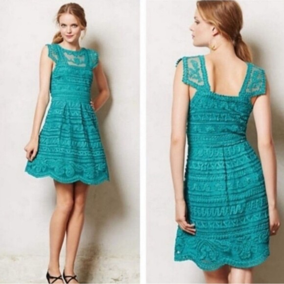 Yoana Baraschi Teal Embroidered Lace Dress Fit and Flare Size 2P Anthropologie - Picture 1 of 15
